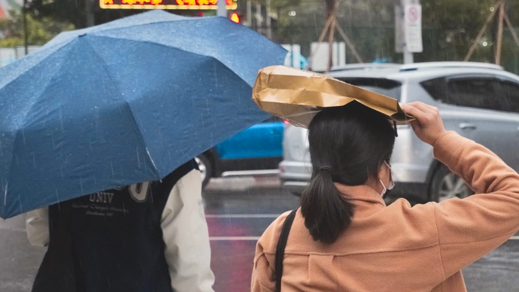 people standing in the rain, one with an umbrella, one covering her head with a paper sack