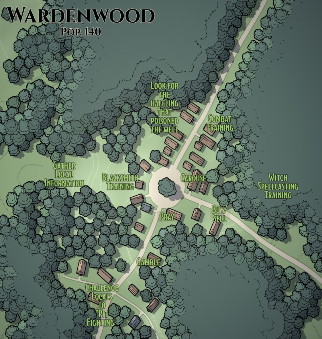 A map of Wardenwood- a hamlet with a population around 150.